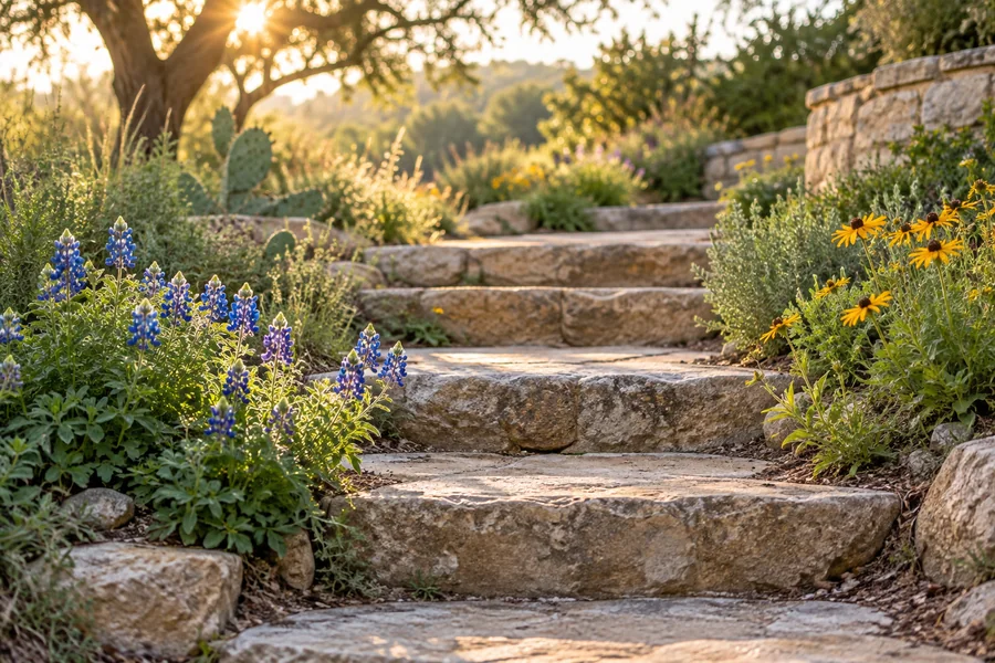 Sunlit stone steps bordered by wildflowers